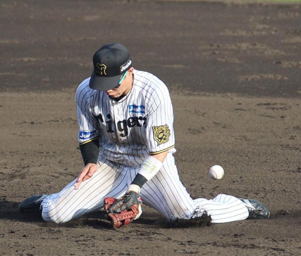 　９回、中村奨のゴロを後逸する木浪（撮影・北村雅宏）