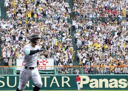 　１回、先制２ランを放ち、本塁へ走る佐藤輝に歓喜するスタンドのファン（撮影・田中太一）