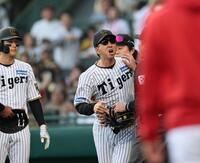 　８回、坂本への頭部死球で激高しながらベンチから飛び出す藤川監督（撮影・田中太一）