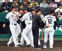 　８回、坂本が頭部に死球を受け、エキサイトする藤川監督（左端）＝撮影・山口登