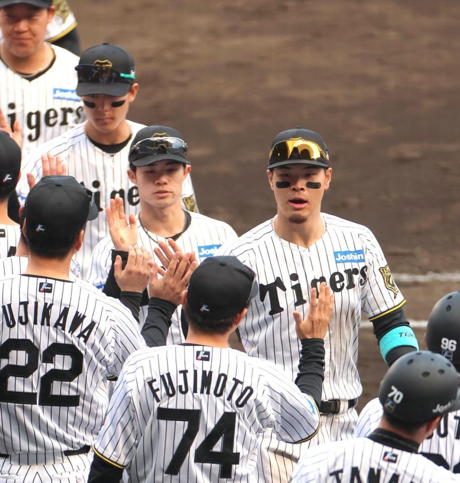 　藤川監督と勝利のタッチを交わす佐藤輝（右上）＝撮影・北村雅宏