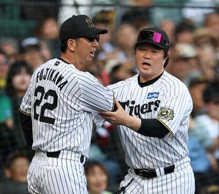 　８回、坂本への頭部死球で怒る藤川監督。右は安藤投手チーフコーチ（撮影・中田匡峻）