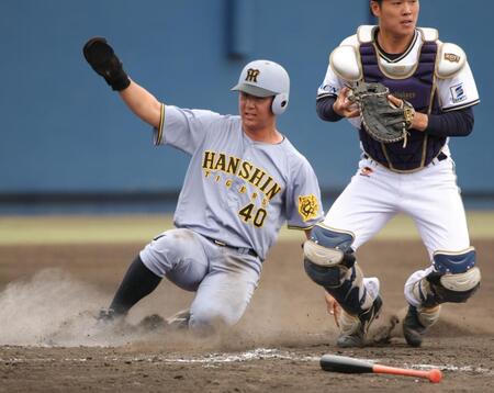 　５回、山田の打球が一塁野選となり、三走・井坪が生還（撮影・坂部計介）