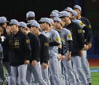 　笑顔でナインを迎える藤川監督（撮影・金田祐二）