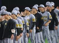 　ナインを迎える岩貞、藤川監督ら（撮影・金田祐二）