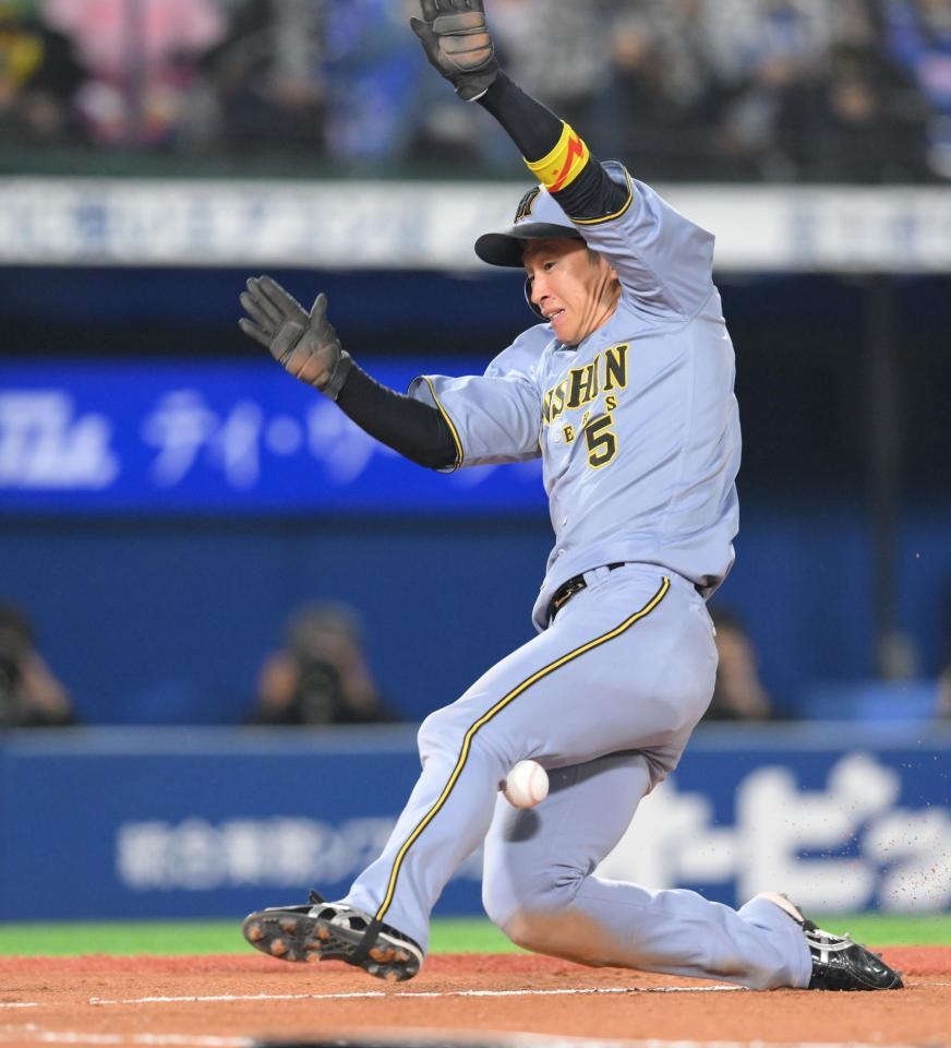 　７回、中野の左前打で本塁生還する際に送球が足に当たる近本（撮影・伊藤笙子）