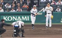 　マウンドで車椅子から立とうとする江夏豊氏（２８）に驚きを隠せない掛布雅之ＯＢ会長と田淵幸一氏（右）＝（撮影・中田匡峻