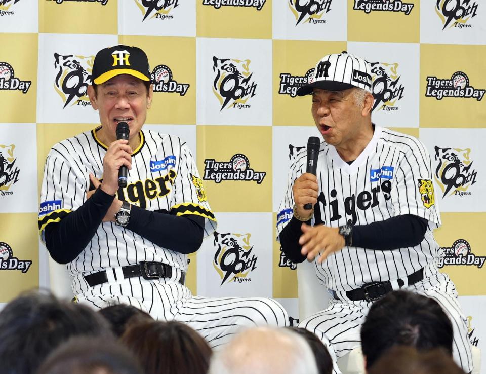 　トークショーで盛り上がる田淵幸一氏（左）と掛布雅之氏（撮影・山口登）