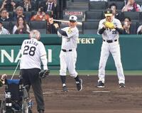 　打席に立つ掛布ＯＢ会長、捕手の田淵氏（撮影・中田匡峻）