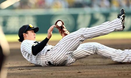 　８回、キャベッジの打球を好捕する小幡（撮影・田中太一）