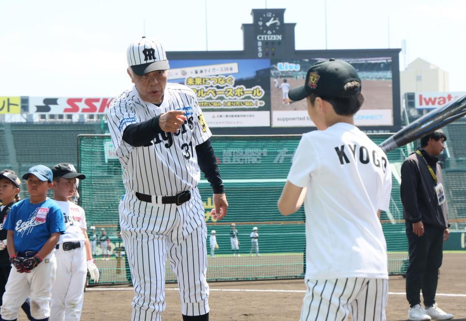 　打撃指導する掛布雅之ＯＢ会長（中央）＝撮影・石井剣太郎