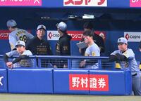 　敗戦を見届け足早にベンチを後にする藤川監督（左から３人目）＝撮影・飯室逸平