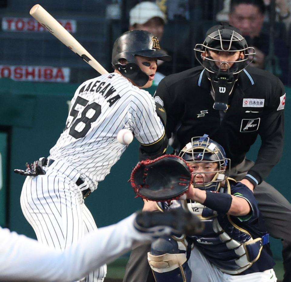 ２回、死球を受ける前川（捕手は古賀）＝撮影・中田匡峻