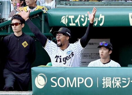 　６回、敵失で２点を追加し、ベンチで大喜びするデュプランティエ（撮影・田中太一）