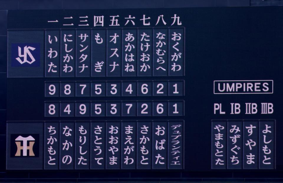 　阪神対ヤクルトのスターティングメンバー（撮影・立川洋一郎）