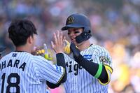 　４回、同点ソロを放ち伊原（左）とタッチを交わす森下（撮影・西田忠信）