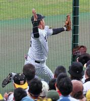 　６回、山田の打球をファウルゾーンでキャッチする大山（撮影・立川洋一郎）