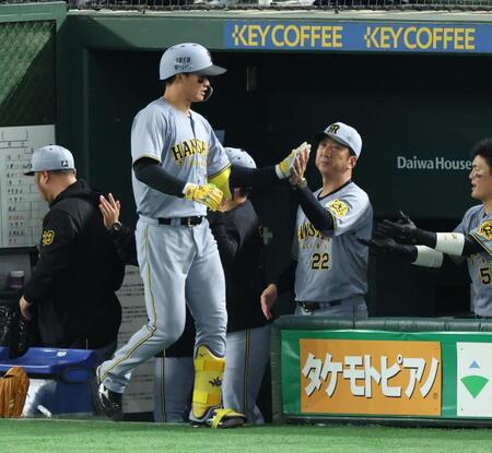 　４回、同点ソロを放った森下（手前）を迎える藤川監督（撮影・金田祐二）