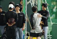 　交流する（左から）戸郷、湯浅、大勢、才木（撮影・金田祐二）