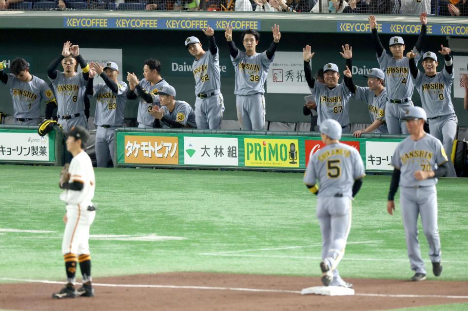 　３回、近本の２点三塁打に盛り上がる阪神ベンチ（撮影・金田祐二）
