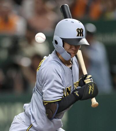 　７回、死球を受ける中野（撮影・田中太一）