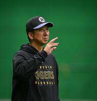 　室内で練習を見る藤川監督（撮影・西田忠信）