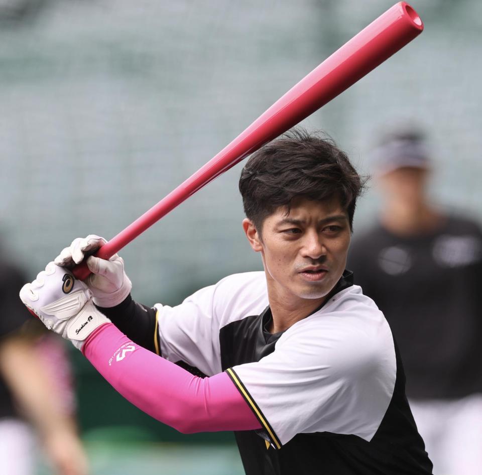 　ピンクのバットで打撃練習をする坂本（撮影・田中太一）