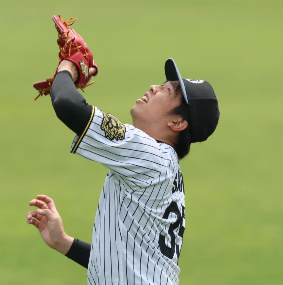 　練習中に上空を見上げる才木（撮影・北村雅宏）