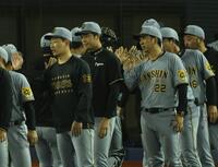 　ナインを迎える岩崎、才木、藤川監督（撮影・金田祐二）