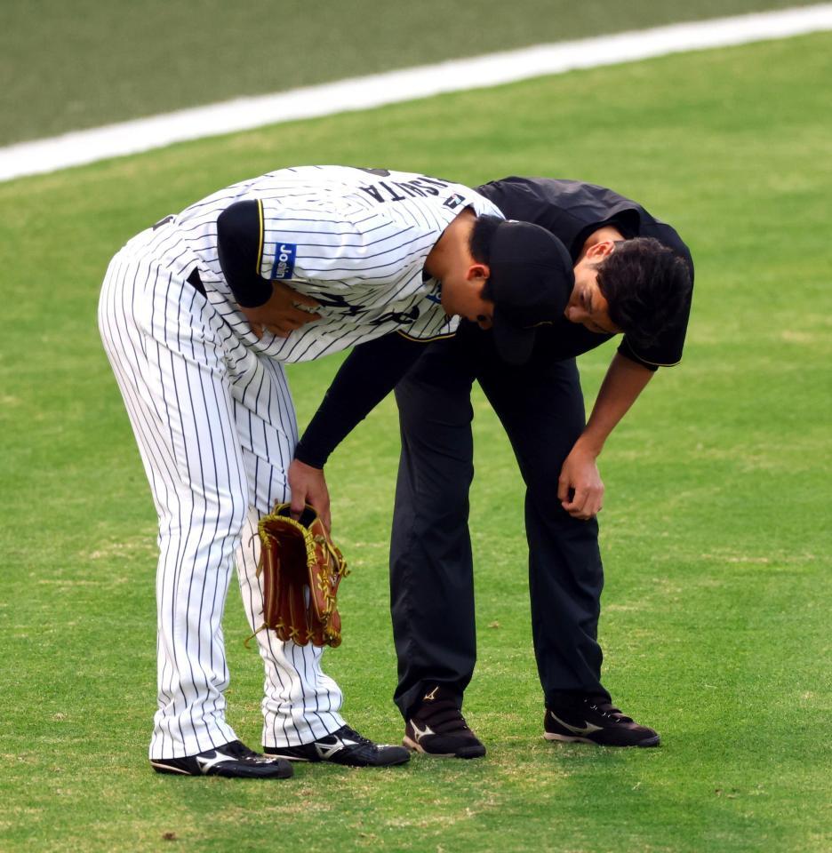 　１回、森下は秋山の打球を追いフェンスに激突し、トレーナーが駆けつける（撮影・山口登）