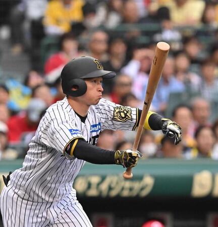 　１回、右前打を放つ近本（撮影・西田忠信）