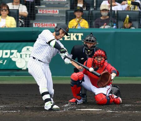 　４回、中前に先制適時打を放つ木浪（捕手・坂倉）＝撮影・山口登