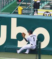 　４回、坂倉の打球を好捕する右翼手・森下（撮影・立川洋一郎）