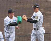 　４回、好守備を見せ、伊原（左）とタッチを交わす森下（撮影・立川洋一郎）