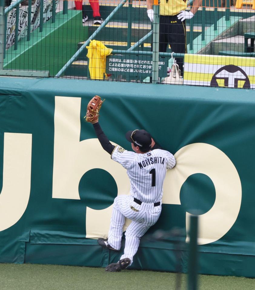 　４回、坂倉の打球を好捕する右翼手・森下（撮影・立川洋一郎）