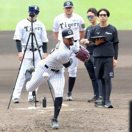 　マウンドでビーズリーと投球練習するデュプランティエ（手前）＝撮影・北村雅宏