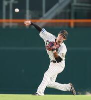 　４回、中山の放った打球を処理した近本からの送球を受け、三塁へ送球して中山をタッチアウトにする中野（撮影・北村雅宏）