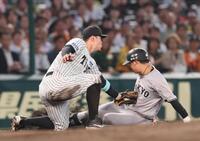 　４回、中継の中野の送球を受けて中山をタッチアウトにする佐藤輝（左）＝撮影・北村雅宏