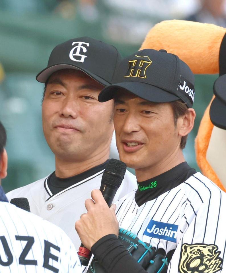 　スピードガン対決を終えてマイクを握る能見篤史氏（右）と上原浩治氏（撮影・北村雅宏）