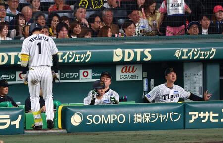 　８回、併殺に倒れベンチに戻る森下（左）。右端は藤川監督（撮影・山口登）