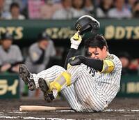 　８回、自打球を当て倒れ込む森下（撮影・西田忠信）