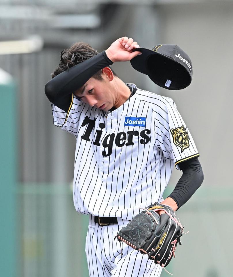 　３回を投げ終え、汗を拭いながらベンチに戻る今朝丸（撮影・西田忠信）