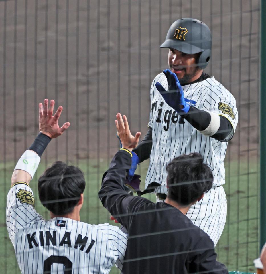 　８回、代打で左前打を放ちナインに迎えられるヘルナンデス（撮影・立川洋一郎）