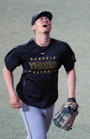 　レフトの守備位置に就き練習する佐藤輝（撮影・立川洋一郎）