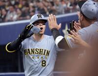 　２回、ソロを放ちナインとタッチを交わす佐藤輝（撮影・田中太一）