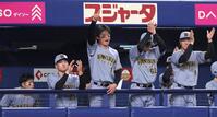 　５回、坂本が先制スクイズを決め、盛り上がるベンチの森下（中央）ら（撮影・北村雅宏）