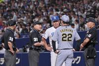 　メンバー表の確認時、審判から説明を受ける井上監督と藤川監督（撮影・田中太一）