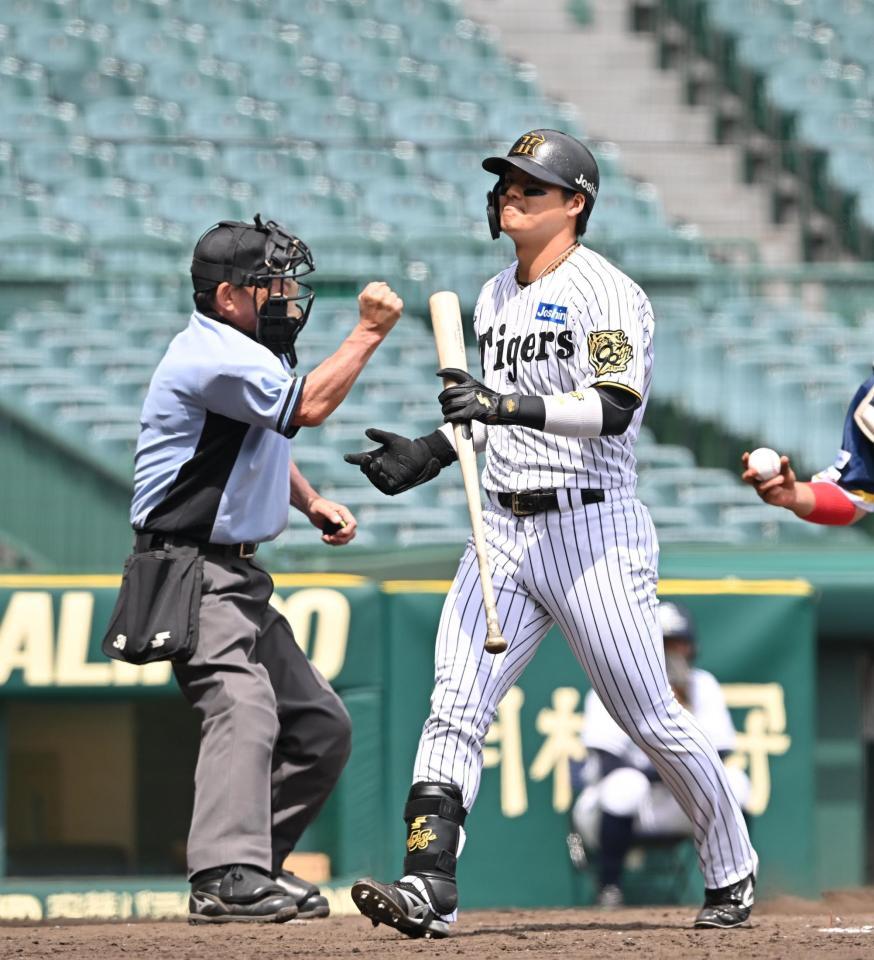 　４回、三振に倒れる前川（撮影・西田忠信）