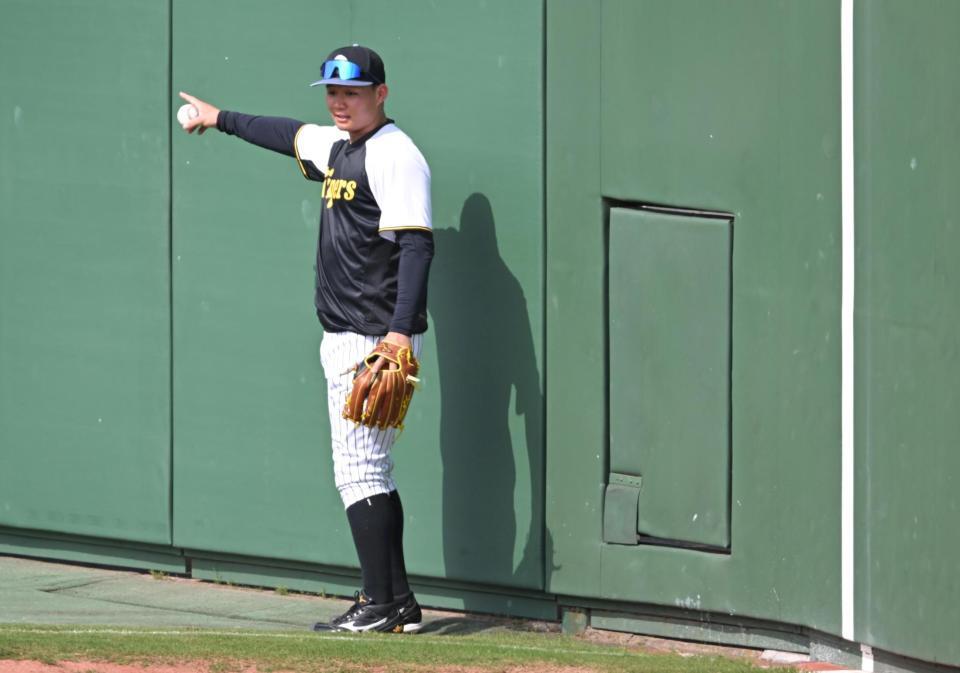 　左翼で守備練習する森下（撮影・飯室逸平）