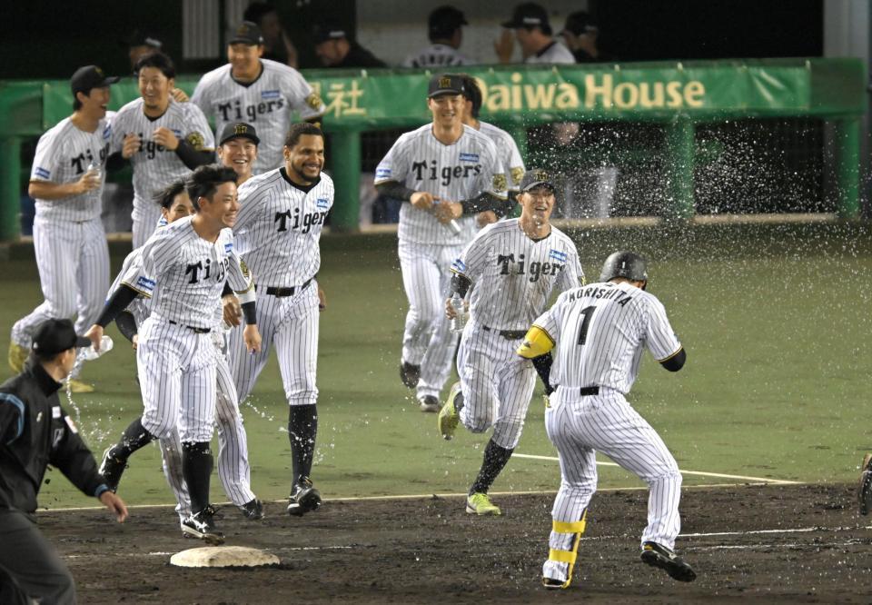 　１１回、サヨナラに沸く阪神ナイン（撮影・飯室逸平）